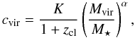 \begin{equation} c_{\rm vir} =\frac{K}{1+z_{\rm cl}} \left(\frac{M_{\rm vir}}{M_\star} \right)^\alpha, \label{eq:cvirmass} \end{equation}