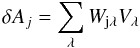 \begin{equation} \delta {A}_{j}= \sum_{\lambda} W_{\mathrm{j} \lambda} V_{\lambda} \label{V} \end{equation}