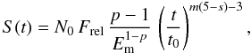 \begin{equation} S(t) = N_0\,F_{\rm rel}\,\frac{p-1}{E_{\rm m}^{1-p}}\,\left(\frac{t}{t_0}\right)^{m(5-s)-3}, \label{SourceEq} \end{equation}