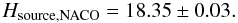 Mathematical equation: \begin{equation} H_{\rm source,NACO} = 18.35 \pm 0.03. \label{eqn:hsource} \end{equation}