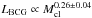 \hbox{$L_{{\rm BCG}} \propto M_{\rm cl}^{0.26\pm 0.04}$}