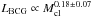 \hbox{$L_{{\rm BCG}} \propto M_{\rm cl}^{0.18\pm 0.07}$}