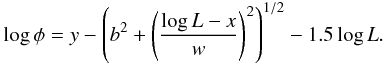 \begin{equation} \log \phi = y - \left( b^2 + \left( \frac{\log L - x}{w} \right) ^2 \right) ^{1/2} - 1.5 \log L. \label{eq:condonmodel} \end{equation}