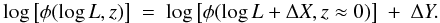\begin{equation} \log\left[ \phi(\log L,z)\right] \ = \ \log\left[\phi(\log L + \Delta X, z \approx 0)\right] \ + \ \Delta Y. \label{eq:lf:zevol_shift} \end{equation}