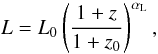 \begin{equation} L=L_0\left( \frac{1+z}{1+z_0} \right)^{\alpha_{\rm L}}, \label{eq:lf:ppowerlaw} \end{equation}