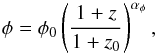 \begin{equation} \phi = \phi_0\left( \frac{1+z}{1+z_0} \right)^{\alpha_{\phi}}, \label{eq:lf:phipowerlaw} \end{equation}