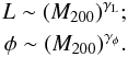 \begin{equation} \begin{split} L \sim (M_{200})^{\gamma_{\rm L}}; \\ \phi \sim (M_{200})^{\gamma_{\phi}}. \end{split} \label{eq:mdeppower} \end{equation}