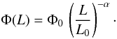 \appendix \setcounter{section}{3} \begin{equation} \Phi(L)=\Phi_0\, \left( \frac{L}{L_0}\right)^{-\alpha}\cdot \end{equation}
