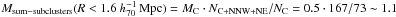 \hbox{$M_{\mathrm{sum-subclusters}}(R<1.6 \hhh)=M_{\rm C}\cdot N_{\rm C+NNW+NE}/N_{\rm C}= 0.5\cdot 167/73\sim 1.1$}