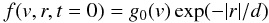 \begin{eqnarray} \label{eq_init_f} f(v,r,t=0)=g_0(v)\exp(-|r|/d) \end{eqnarray}