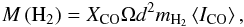 \begin{equation} \label{mx} M\left({\rm H}_2\right) = X_{\rm CO} \Omega d^2 m_{{\rm H}_2} \left\langle I_{\rm CO}\right\rangle, \end{equation}