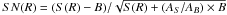 \hbox{$SN(R) = (S(R)- B)/\sqrt{S(R) + (A_S/A_B)\times B}$}