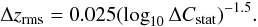 \begin{equation} \Delta z_{\rm rms} = 0.025(\log_{10} \Delta C_{\rm stat})^{-1.5} . \label{err_dc} \end{equation}