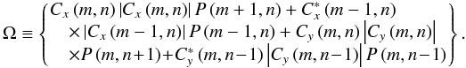 \begin{equation} \label{eq9} \Omega \equiv \left\{ {\!\begin{array}{l} C_x \left( {m,n} \right)\left| {C_x \left( {m,n} \right)} \right|P\left( {m+1,n} \right)+C_x ^\ast \left( {m-1,n} \right)\\ \quad \times\left| {C_x \left( {m-1,n} \right)} \right|P\left( {m-1,n} \right)+ C_y \left( {m,n} \right)\left| {C_y \left( {m,n} \right)} \right|\\ \quad \times P\left( {m,n\!+\!1} \right)\!+\!C_y ^\ast \left( {m,n\!-\!1} \right)\left| {C_y \left( {m,n\!-\!1} \right)} \right|P\left( {m,n\!-\!1} \right) \\ \end{array}\!} \right\} . \end{equation}