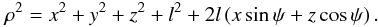\appendix \setcounter{section}{1} \begin{equation} \rho^2=x^2+y^2+z^2+l^2+2l\left(x\sin\psi+z\cos\psi\right). \end{equation}