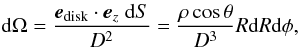 \appendix \setcounter{section}{1} \begin{equation} {\rm d}\Omega=\frac{ {{\vec e}_{\rm{disk}}}\cdot {{\vec e}_{z}}~{\rm d}S}{D^2}=\frac{\rho\cos\theta}{D^3}R{\rm d}R{\rm d}\phi, \label{dOmega} \end{equation}