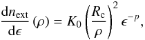\appendix \setcounter{section}{2} \begin{equation} \frac{{\rm d}n_{\rm{ext}}}{{\rm d}\epsilon}\left(\rho\right)=K_0\left(\frac{R_{\rm{c}}}{\rho}\right)^2\epsilon^{-p}, \end{equation}