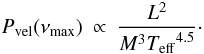 \begin{eqnarray} P_{\rm vel}(\numax) & \propto & \frac{L^2}{M^3\Teff^{4.5}}\cdot \label{eq.P.vel.numax.final} \end{eqnarray}