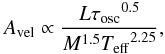 \begin{equation} \vosc \propto \frac{L \tosc^{0.5}}{M^{1.5} \Teff^{2.25}}, \label{eq.vosc-new} \end{equation}