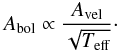 \begin{equation} \ampint_{\rm bol} \propto \frac{\vosc}{\sqrt{\Teff}}\cdot \end{equation}