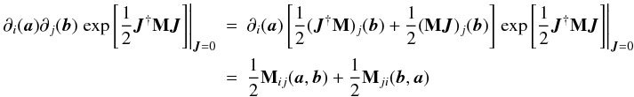 \begin{eqnarray} \partial_{i}(\vec{a}) \partial_{j}(\vec{b})\left.\exp\source\right|_{\vec{J}=0}&=&\partial_{i}(\vec{a})\left[\jm{j}{\vec{b}}+\mj{j}{\vec{b}}\right] \left.\exp\source\right|_{\vec{J}=0} \nonumber\\ &=&\half {\bf M}_{ij}(\vec{a},\vec{b})+\half {\bf M}_{ji}(\vec{b},\vec{a}) \end{eqnarray}