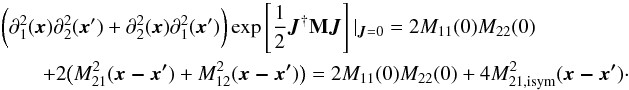 \begin{eqnarray} &&\bigg(\partial_{1}^2(\vec{x})\partial_{2}^2(\vec{x}')+\partial_{2}^2(\vec{x})\partial_{1}^2(\vec{x}')\bigg) \exp\source|_{\vec{J}=0}=2M_{11}(0)M_{22}(0)\nonumber\\ &&\qquad+2\big(M_{21}^2(\vec{x-x'})+M_{12}^2(\vec{x-x'})\big)=2M_{11}(0)M_{22}(0)+4M_{21,\mathrm{isym}}^2(\vec{x-x'})\label{al:symcobo}\cdot \end{eqnarray}