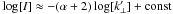 \hbox{$\log[I] \approx -(\alpha+2)\log[k_{\perp}']+\mathrm{const}$}
