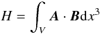 \begin{equation} H=\int_{V} \vec{A} \cdot \vec{B} {\rm d}x^3 \label{hel} \end{equation}