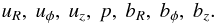 \begin{eqnarray} u_R, \ u_\phi, \ u_z, \ p, \ b_R, \ b_\phi, \ b_z. \label{3} \end{eqnarray}