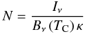Mathematical equation: \begin{equation} N = \frac{I_{\nu}}{B_{\nu}\left(T_{\rm C}\right) \kappa} \label{eq:colden} \end{equation}