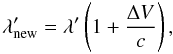 \begin{equation} \lambda'_{\rm new} = \lambda' \left(1 + \frac{\Delta V}{c}\right), \label{eq:redshift} \end{equation}