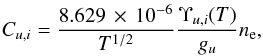 \begin{equation} C_{u,i} = \frac{8.629\e{-6}}{T^{1/2}}\frac{\Upsilon_{u,i}(T)}{g_{u}} n_{\rm e}, \label{eq:colldeexc} \end{equation}