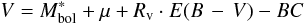 \begin{equation} V =M_{\rm{bol}}^{*}+\mu+R_{\rm v}\cdot E(B\,-\,V) - BC \end{equation}