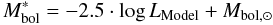 \begin{equation} M_{\rm{bol}}^{*}= -2.5\cdot \log L_{\rm Model}+M_{\rm bol,\odot} \end{equation}