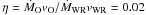 \hbox{$\eta =\dot{M}_{\rm O}v_{\rm O}/\dot{M}_{\rm WR}v_{\rm WR} = 0.02$}