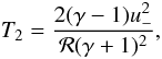 Mathematical equation: \begin{equation} T_2=\frac{2(\gamma-1)u_-^2}{\mathcal{R}(\gamma+1)^2}, \end{equation}