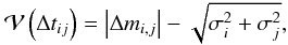 \begin{equation} \mathcal V\left(\Delta t_{ij}\right) = \left|\Delta m_{i,j}\right| - \sqrt{\sigma_{i}^2 + \sigma_{j}^2}, \label{eq:SF} \end{equation}