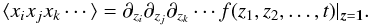\appendix \setcounter{section}{1} \begin{equation} \langle x_i x_j x_k \cdots\rangle = \partial_{z_i}\partial_{z_j}\partial_{z_k}\cdots f(z_1, z_2, \ldots, t) |_{\vec{z}=\vec{1}}. \label{eqn:momentGen} \end{equation}