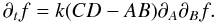 \begin{equation*} \partial_t f = k (CD-AB)\partial_A\partial_B f. \end{equation*}