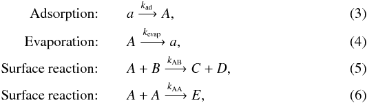 \begin{eqnarray} \mbox{Adsorption:}\quad && a \xrightarrow{k_{\rm ad}} A, \label{exareacaA} \\ \mbox{Evaporation:}\quad && A \xrightarrow{k_{\rm evap}} a, \\ \mbox{Surface reaction:}\quad && A + B \xrightarrow{k_{\rm AB}} C + D, \\ \mbox{Surface reaction:}\quad && A + A \xrightarrow{k_{\rm AA}} E, \label{exareacAA} \end{eqnarray}