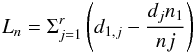 \begin{equation} L_n=\Sigma_{j=1}^{r}\left(d_{1,j}-\frac{d_jn_1}{nj}\right) \end{equation}