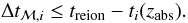 \begin{equation} \Delta t_{\mathcal{M},i} \leq t_{\rm reion} - t_i(z_\abs). \label{eqAgeTest} \end{equation}