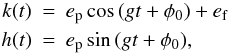 \begin{eqnarray} \label{eq5} k(t) & = & e_{\rm p} \cos{(g t + \phi_0)} + e_{\rm f} \\ h(t) & = & e_{\rm p} \sin{(g t + \phi_0)} \nonumber, \end{eqnarray}