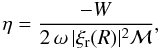 Mathematical equation: \begin{equation} \label{workeq} \eta = \frac{-W}{2\,\omega \, |\xi_{\rm r}(R)|^2 \mathcal{M}}, \end{equation}