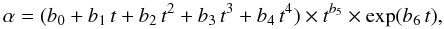 Mathematical equation: \begin{equation} \alpha = (b_0 + b_1\,t + b_2\,t^2 + b_3\,t^3 + b_4\,t^4) \times t^{b_5} \times \exp(b_6\,t), \label{eq:fitt2} \end{equation}