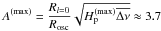 \hbox{$\displaystyle A^\mathrm{(max)}=\frac{R_{l=0}}{R_\mathrm{osc}}\sqrt{H_\mathrm{p}^\mathrm{(max)}\Dnu}\approx 3.7$}