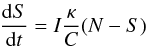 \begin{eqnarray} \label{rigidprojected} \frac{{\rm d} S}{{\rm d}t}=I \frac{\kappa}{C} (N-S) \end{eqnarray}