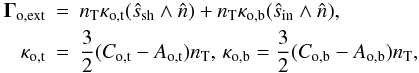 \begin{eqnarray} \vec \Gamma_{\rm o,ext}&=&n_{\rm T} \kappa_{\rm o,t}(\hat s_{\rm sh} \wedge \hat n)+n_{\rm T} \kappa_{\rm o,b}(\hat s_{\rm in} \wedge \hat n),\nonumber\\ \label{oceantorque}\kappa_{\rm o,t}&=&\frac{3}{2}(C_{\rm o,t}-A_{\rm o,t})n_{\rm T},\, \kappa_{\rm o,b}=\frac{3}{2}(C_{\rm o,b}-A_{\rm o,b})n_{\rm T}, \end{eqnarray}