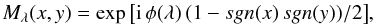 \appendix \setcounter{section}{1} \begin{equation} M_\lambda(x,y)= \exp{\left[{\rm i}\,\phi(\lambda)\,(1-sgn(x)\, sgn(y))/2\right]}, \label{eq : fqpmmask} \end{equation}