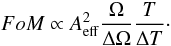 \begin{equation} FoM \propto A^2_{\rm eff} \frac{\Omega}{\Delta \Omega} \frac{T}{\Delta T}\cdot \end{equation}